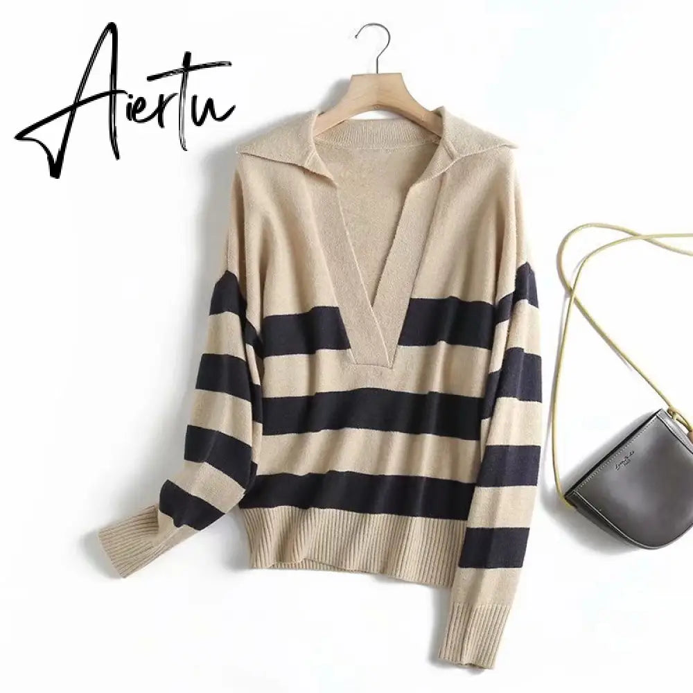 Y2k Autumn Winter Loose Knitted Sweater Jumpers Woman New Vintage Casual Polo Deep V-Neck Striped Pullover Female Aiertu