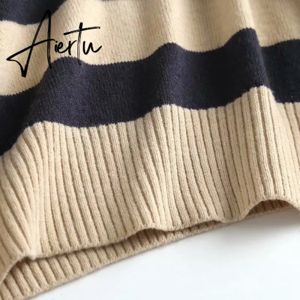 Y2k Autumn Winter Loose Knitted Sweater Jumpers Woman New Vintage Casual Polo Deep V-Neck Striped Pullover Female Aiertu