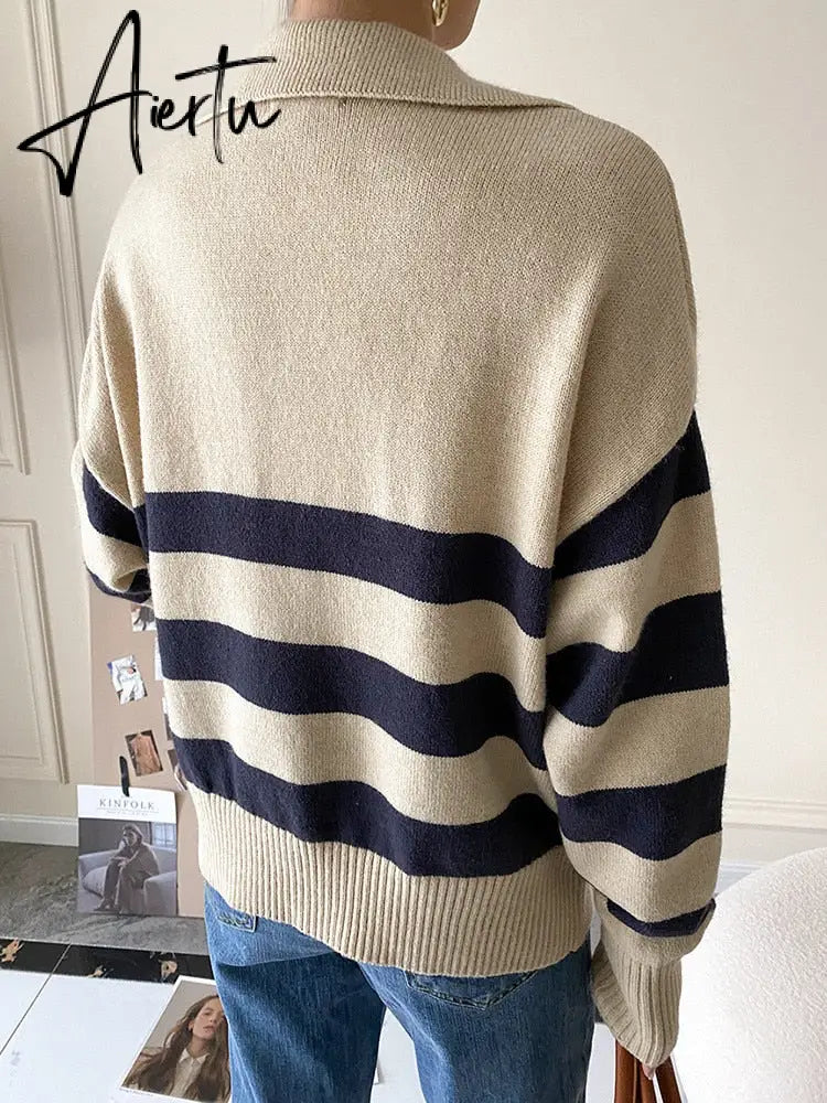 Y2k Autumn Winter Loose Knitted Sweater Jumpers Woman New Vintage Casual Polo Deep V-Neck Striped Pullover Female Aiertu