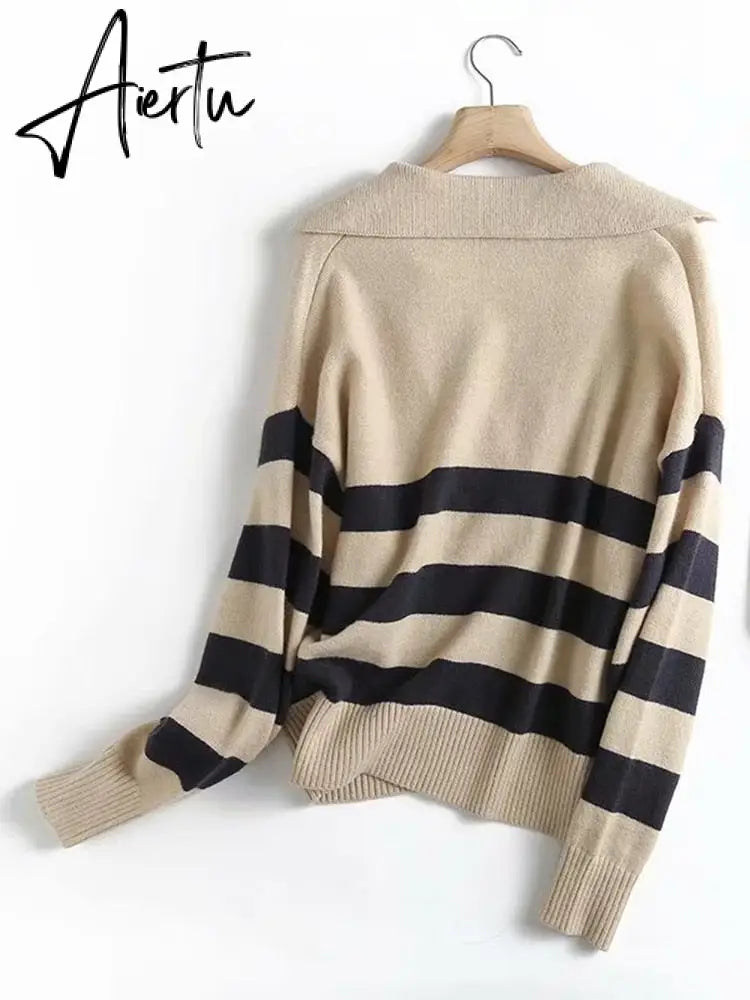 Y2k Autumn Winter Loose Knitted Sweater Jumpers Woman New Vintage Casual Polo Deep V-Neck Striped Pullover Female Aiertu