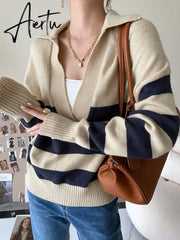 Y2k Autumn Winter Loose Knitted Sweater Jumpers Woman New Vintage Casual Polo Deep V-Neck Striped Pullover Female Aiertu