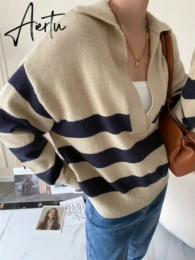 Y2k Autumn Winter Loose Knitted Sweater Jumpers Woman New Vintage Casual Polo Deep V-Neck Striped Pullover Female Aiertu