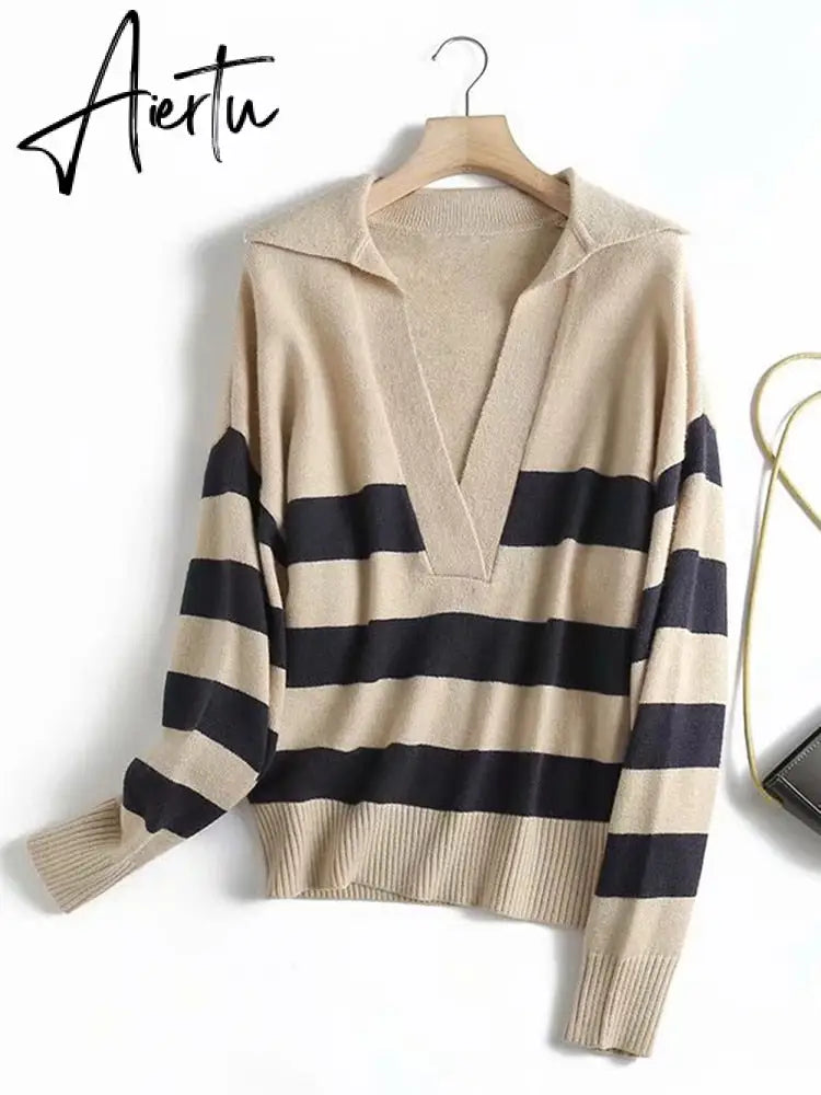 Y2k Autumn Winter Loose Knitted Sweater Jumpers Woman New Vintage Casual Polo Deep V-Neck Striped Pullover Female Aiertu