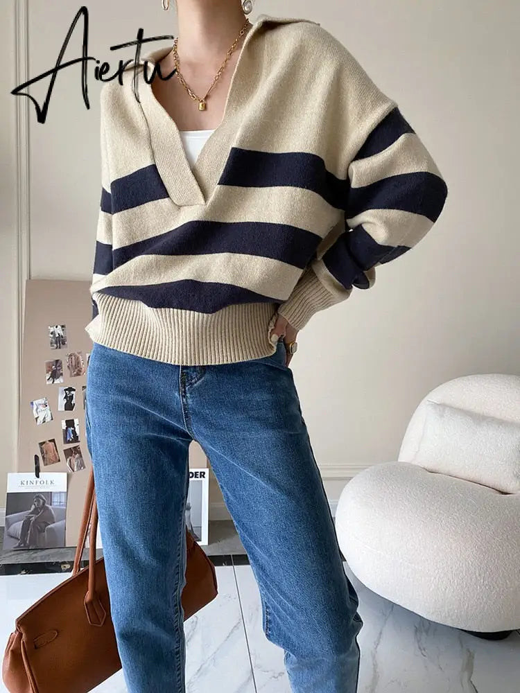 Y2k Autumn Winter Loose Knitted Sweater Jumpers Woman New Vintage Casual Polo Deep V-Neck Striped Pullover Female Aiertu