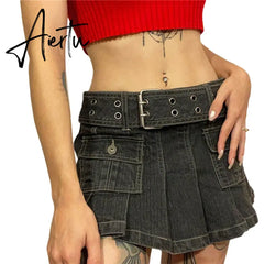 Y2k Denim Skirt 2000s Aesthetic Women Fairycore Grunge Low Waist A Line Pleated Skirts Fashion Jeans Skirt Streetwear Aiertu