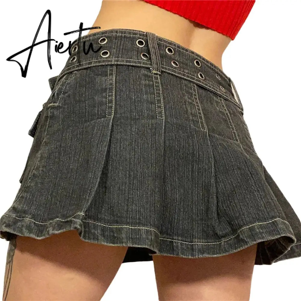 Y2k Denim Skirt 2000s Aesthetic Women Fairycore Grunge Low Waist A Line Pleated Skirts Fashion Jeans Skirt Streetwear Aiertu