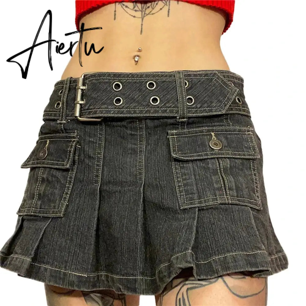 Y2k Denim Skirt 2000s Aesthetic Women Fairycore Grunge Low Waist A Line Pleated Skirts Fashion Jeans Skirt Streetwear Aiertu