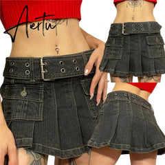 Y2k Denim Skirt 2000s Aesthetic Women Fairycore Grunge Low Waist A Line Pleated Skirts Fashion Jeans Skirt Streetwear Aiertu