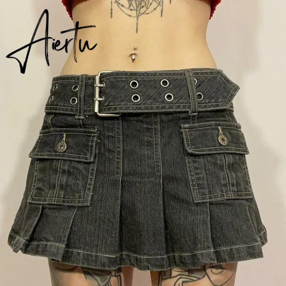 Y2k Denim Skirt 2000s Aesthetic Women Fairycore Grunge Low Waist A Line Pleated Skirts Fashion Jeans Skirt Streetwear Aiertu