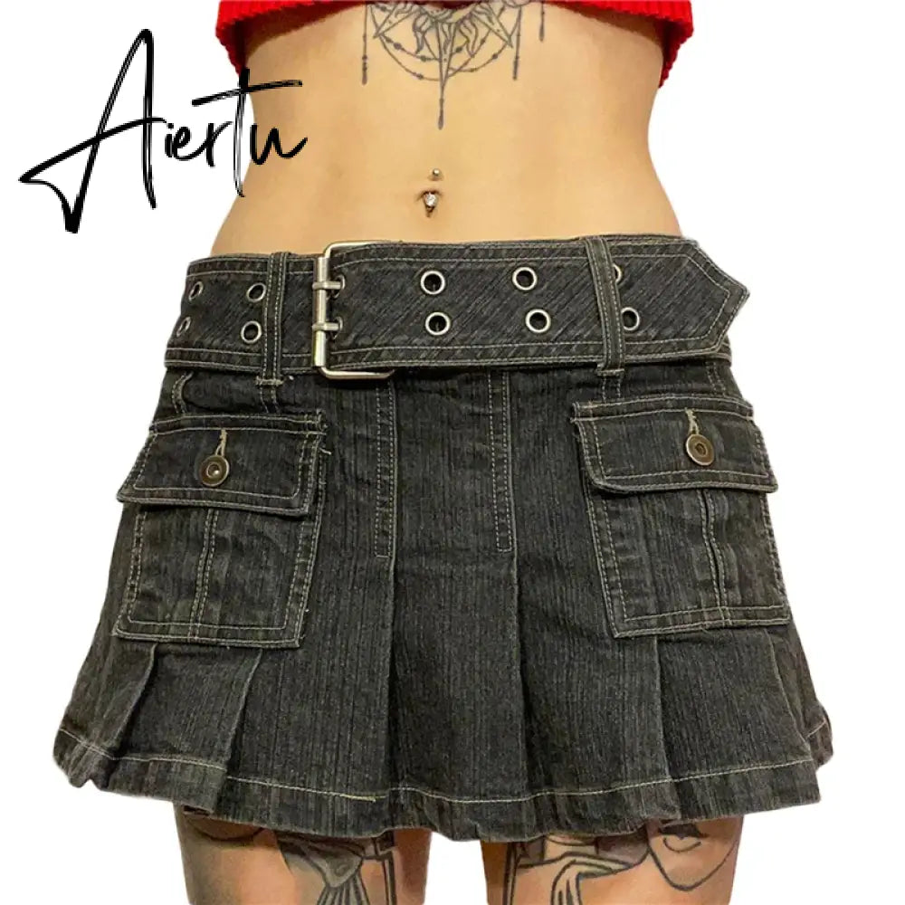 Y2k Denim Skirt 2000s Aesthetic Women Fairycore Grunge Low Waist A Line Pleated Skirts Fashion Jeans Skirt Streetwear Aiertu