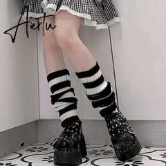 Y2k Goth Lolita Leg Striped Warmers Japanese Women Gothic Long Socks  Gaiters Knee Winter Knitted Cuffs Ankle Warmer Aiertu