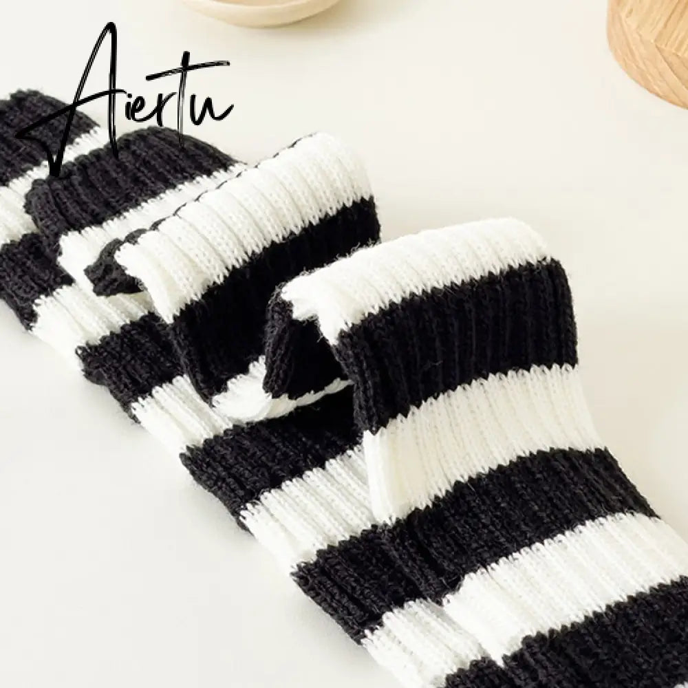 Y2k Goth Lolita Leg Striped Warmers Japanese Women Gothic Long Socks  Gaiters Knee Winter Knitted Cuffs Ankle Warmer Aiertu