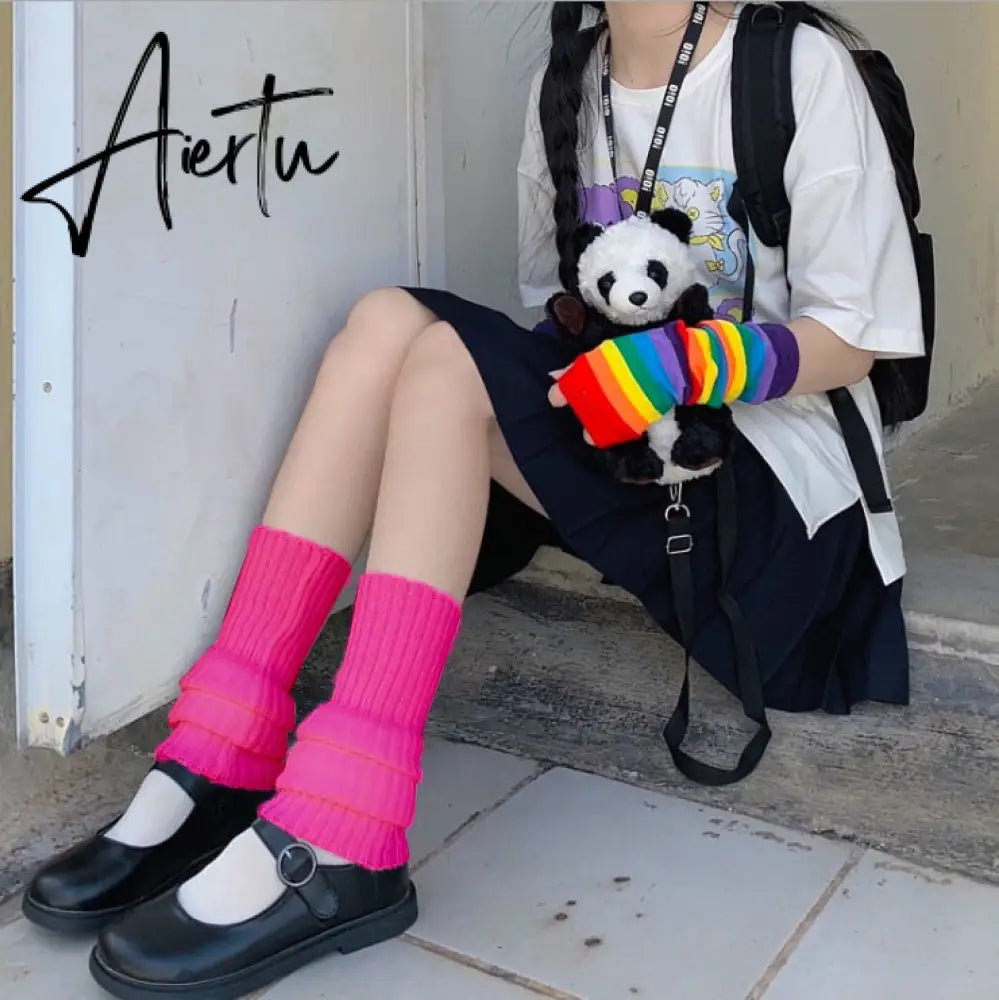 Y2k Goth Lolita Leg Striped Warmers Japanese Women Gothic Long Socks  Gaiters Knee Winter Knitted Cuffs Ankle Warmer Aiertu