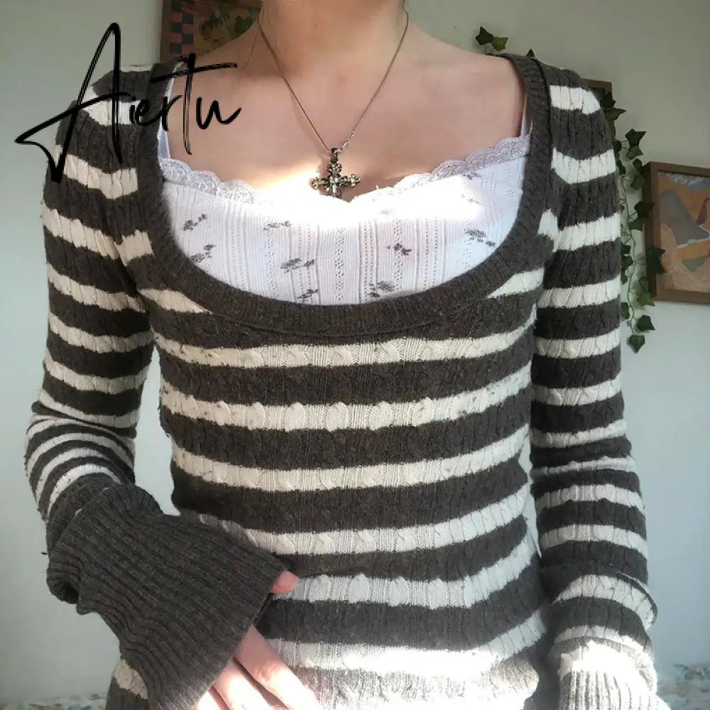 Y2K Grunge 00s Vintage Kink Sweaters Indie Retro Striped Knitted Pullovers Chic Fairy Aesthetics Preppy Jumpers Autumn Clothes Aiertu