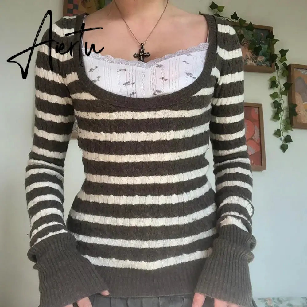 Y2K Grunge 00s Vintage Kink Sweaters Indie Retro Striped Knitted Pullovers Chic Fairy Aesthetics Preppy Jumpers Autumn Clothes Aiertu