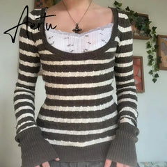 Y2K Grunge 00s Vintage Kink Sweaters Indie Retro Striped Knitted Pullovers Chic Fairy Aesthetics Preppy Jumpers Autumn Clothes Aiertu