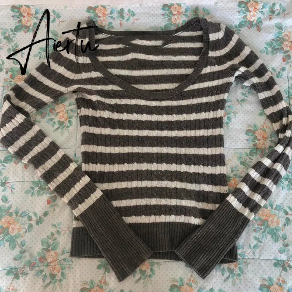 Y2K Grunge 00s Vintage Kink Sweaters Indie Retro Striped Knitted Pullovers Chic Fairy Aesthetics Preppy Jumpers Autumn Clothes Aiertu