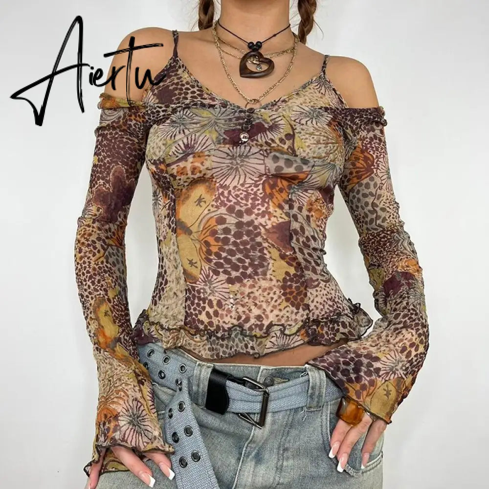 Y2k Grunge Mesh T-shirt Off Shoulder Vintage Print Crop Top Casual Long Sleeve Women Chic Summer Shirts 2000s Aesthetic Aiertu