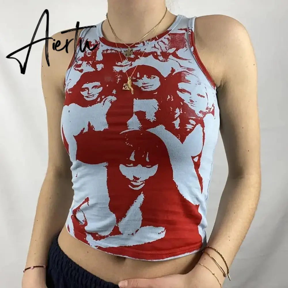 Y2K Harajuku Gothic Tank Top E-girl Aesthetic Sleeveless Cropped Tee Punk Style Vintage Printed Mini Vest Women Summer Camisole Aiertu