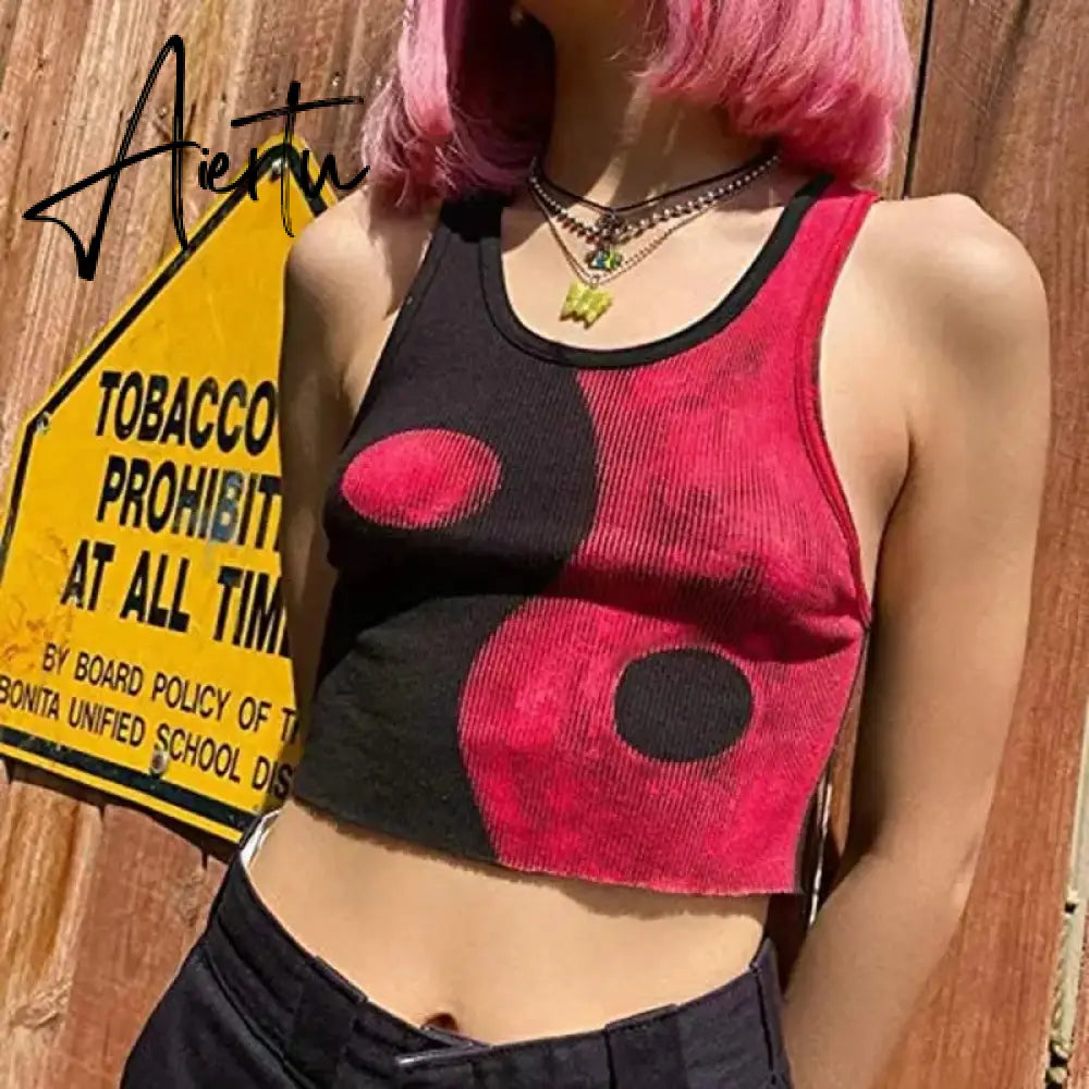 Y2K Harajuku Gothic Tank Top E-girl Aesthetic Sleeveless Cropped Tee Punk Style Vintage Printed Mini Vest Women Summer Camisole Aiertu