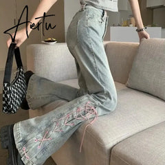 Y2K High Waist Jeans Women Vintage Bandage Slit Slim Flare Denim Pants Female Korean Streetwear Casual Wide Leg Trousers Aiertu