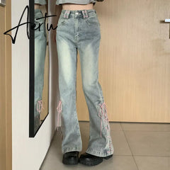 Y2K High Waist Jeans Women Vintage Bandage Slit Slim Flare Denim Pants Female Korean Streetwear Casual Wide Leg Trousers Aiertu