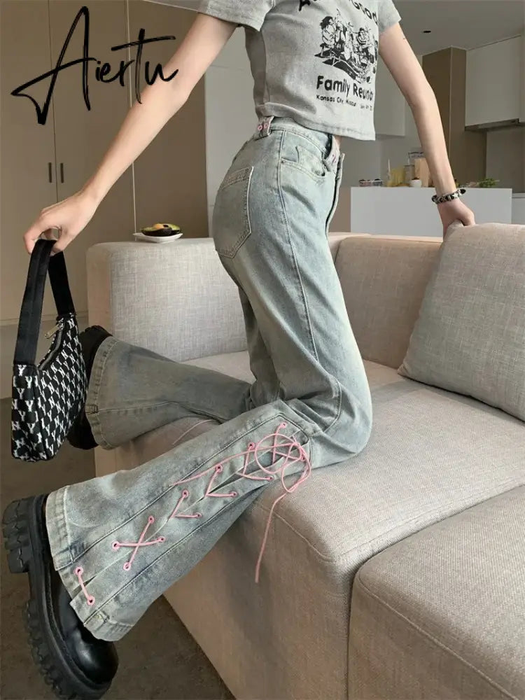 Y2K High Waist Jeans Women Vintage Bandage Slit Slim Flare Denim Pants Female Korean Streetwear Casual Wide Leg Trousers Aiertu