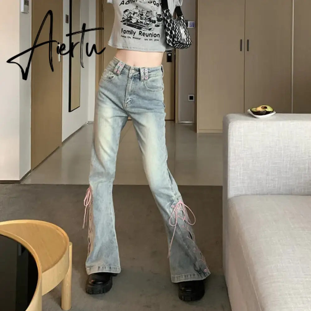 Y2K High Waist Jeans Women Vintage Bandage Slit Slim Flare Denim Pants Female Korean Streetwear Casual Wide Leg Trousers Aiertu