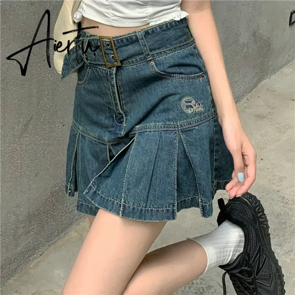 Y2k Hot Girl Irregular Denim Miniskirt Female Summer Harajuku Kawaii Mini Skirt New High Waist A Word Pleated Skirt Goth Skirt Aiertu