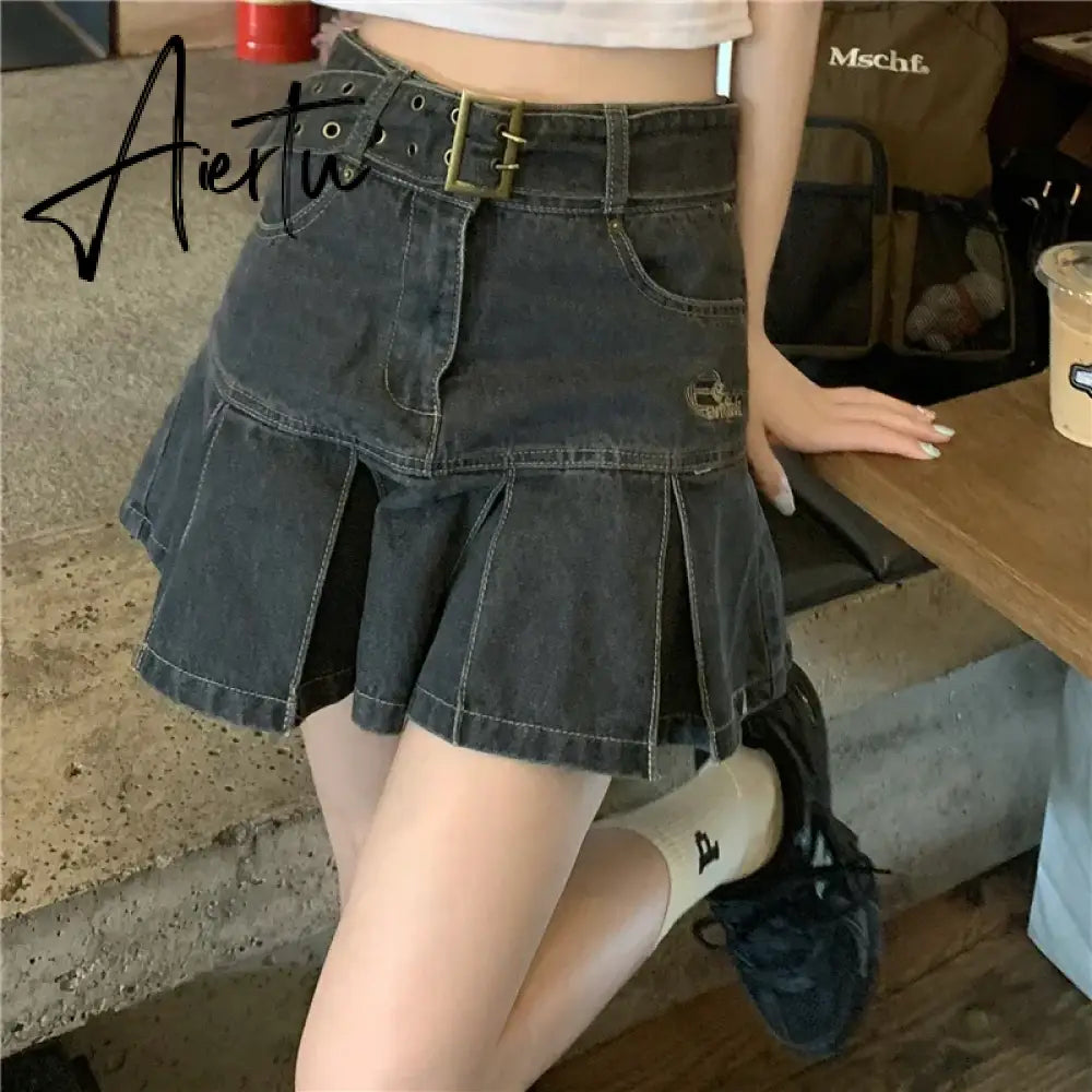 Y2k Hot Girl Irregular Denim Miniskirt Female Summer Harajuku Kawaii Mini Skirt New High Waist A Word Pleated Skirt Goth Skirt Aiertu