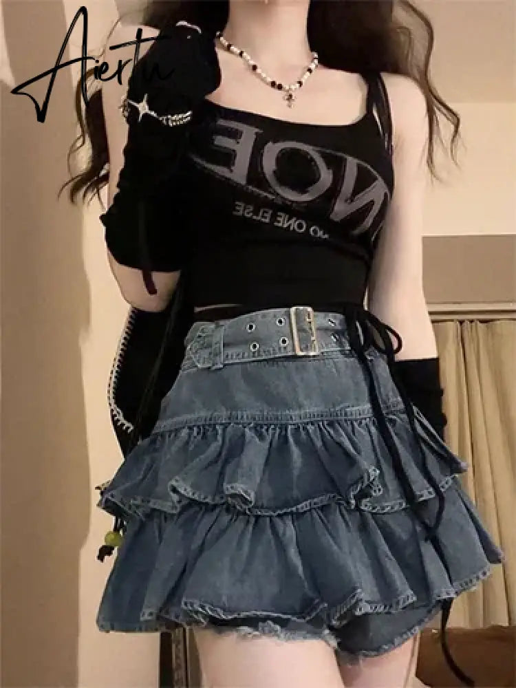Y2k Hot Girl Irregular Denim Miniskirt Female Summer Harajuku Kawaii Mini Skirt New High Waist A Word Pleated Skirt Goth Skirt Aiertu