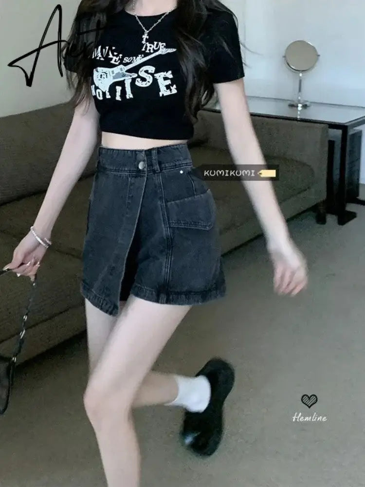 Y2k Hot Girl Irregular Denim Miniskirt Female Summer Harajuku Kawaii Mini Skirt New High Waist A Word Pleated Skirt Goth Skirt Aiertu