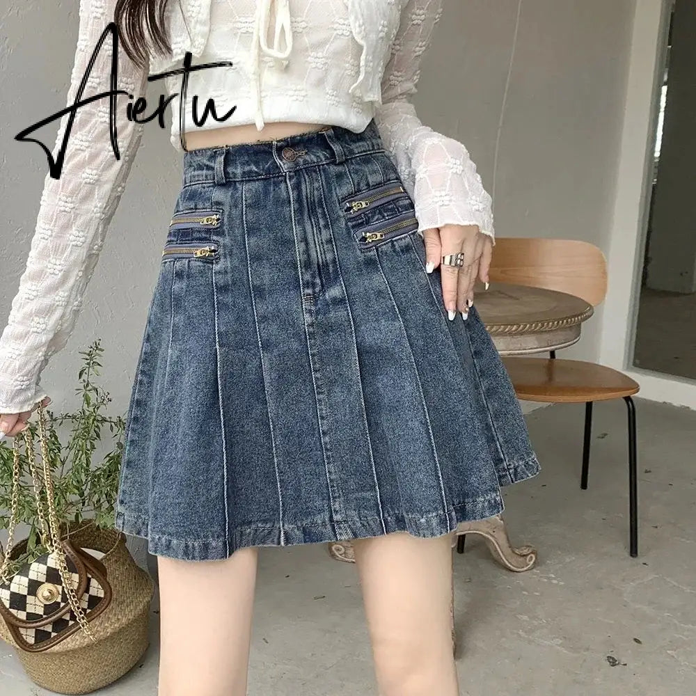 Y2k Hot Girl Irregular Denim Miniskirt Female Summer Harajuku Kawaii Mini Skirt New High Waist A Word Pleated Skirt Goth Skirt Aiertu