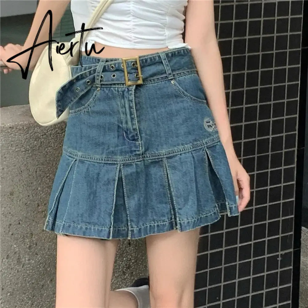 Y2k Hot Girl Irregular Denim Miniskirt Female Summer Harajuku Kawaii Mini Skirt New High Waist A Word Pleated Skirt Goth Skirt Aiertu