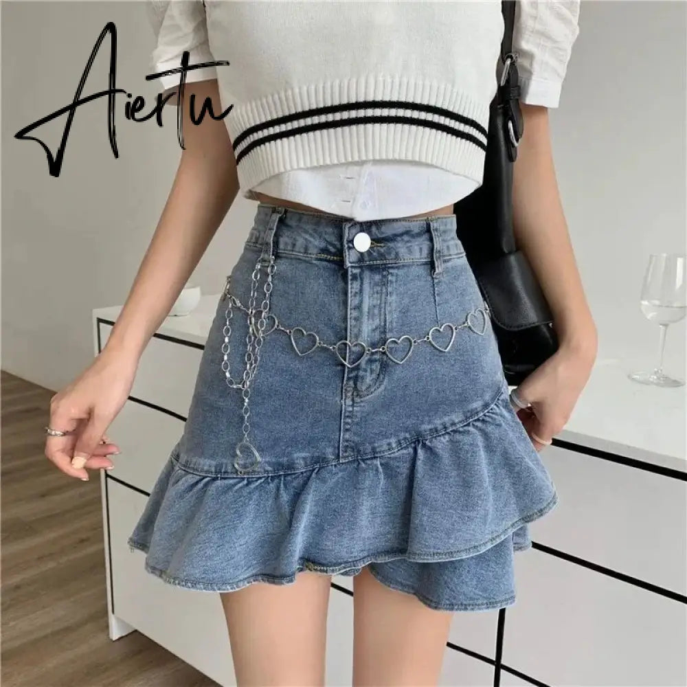 Y2k Hot Girl Irregular Denim Miniskirt Female Summer Harajuku Kawaii Mini Skirt New High Waist A Word Pleated Skirt Goth Skirt Aiertu