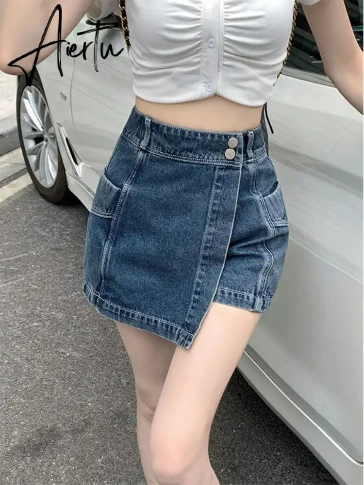 Y2k Hot Girl Irregular Denim Miniskirt Female Summer Harajuku Kawaii Mini Skirt New High Waist A Word Pleated Skirt Goth Skirt Aiertu