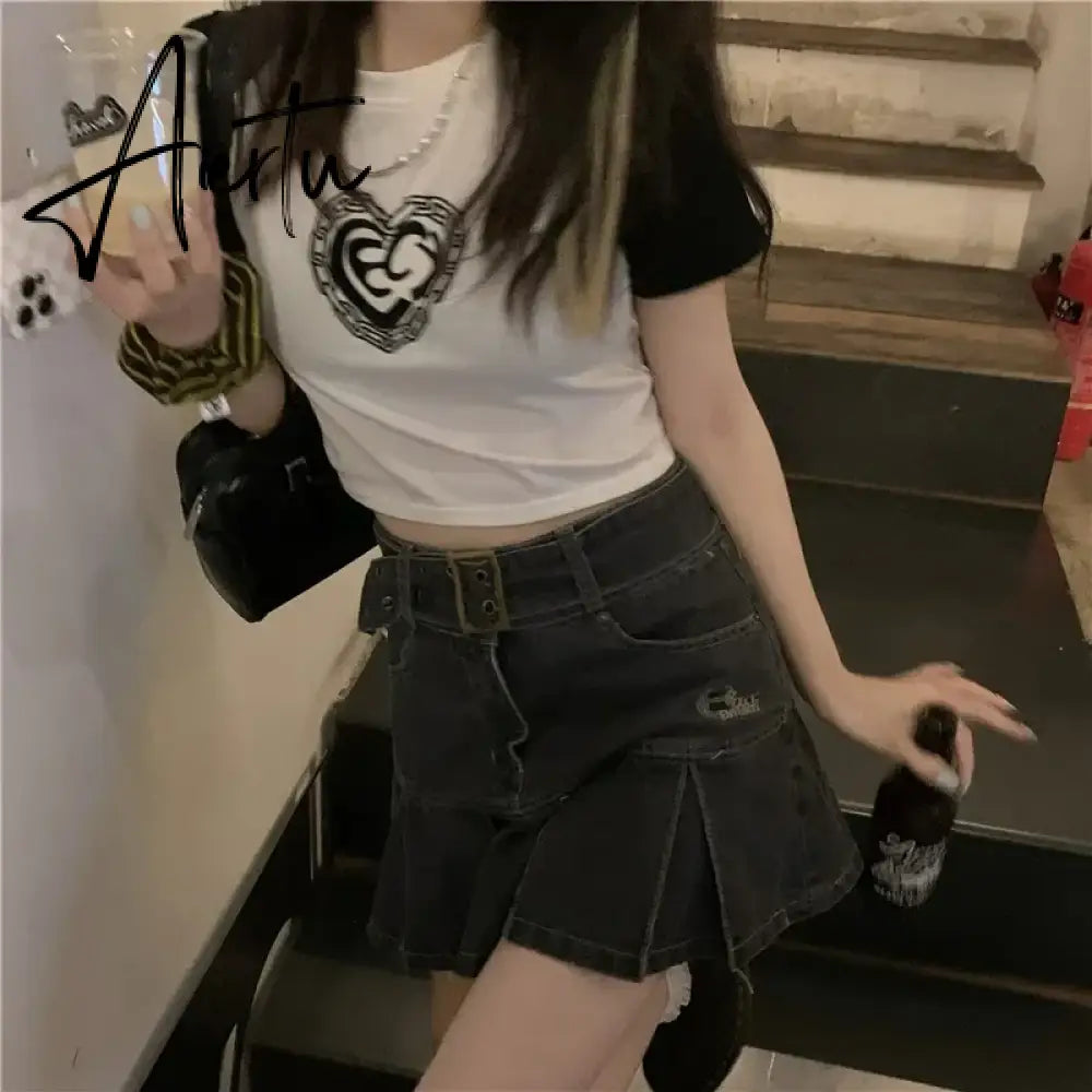 Y2k Hot Girl Irregular Denim Miniskirt Female Summer Harajuku Kawaii Mini Skirt New High Waist A Word Pleated Skirt Goth Skirt Aiertu
