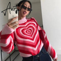 Y2K Knitted Sweater Aesthetics Heart Striped Pullovers Sweater Girls Sweet Long Sleeve Turtleneck Jumper Autumn Streetwear Aiertu