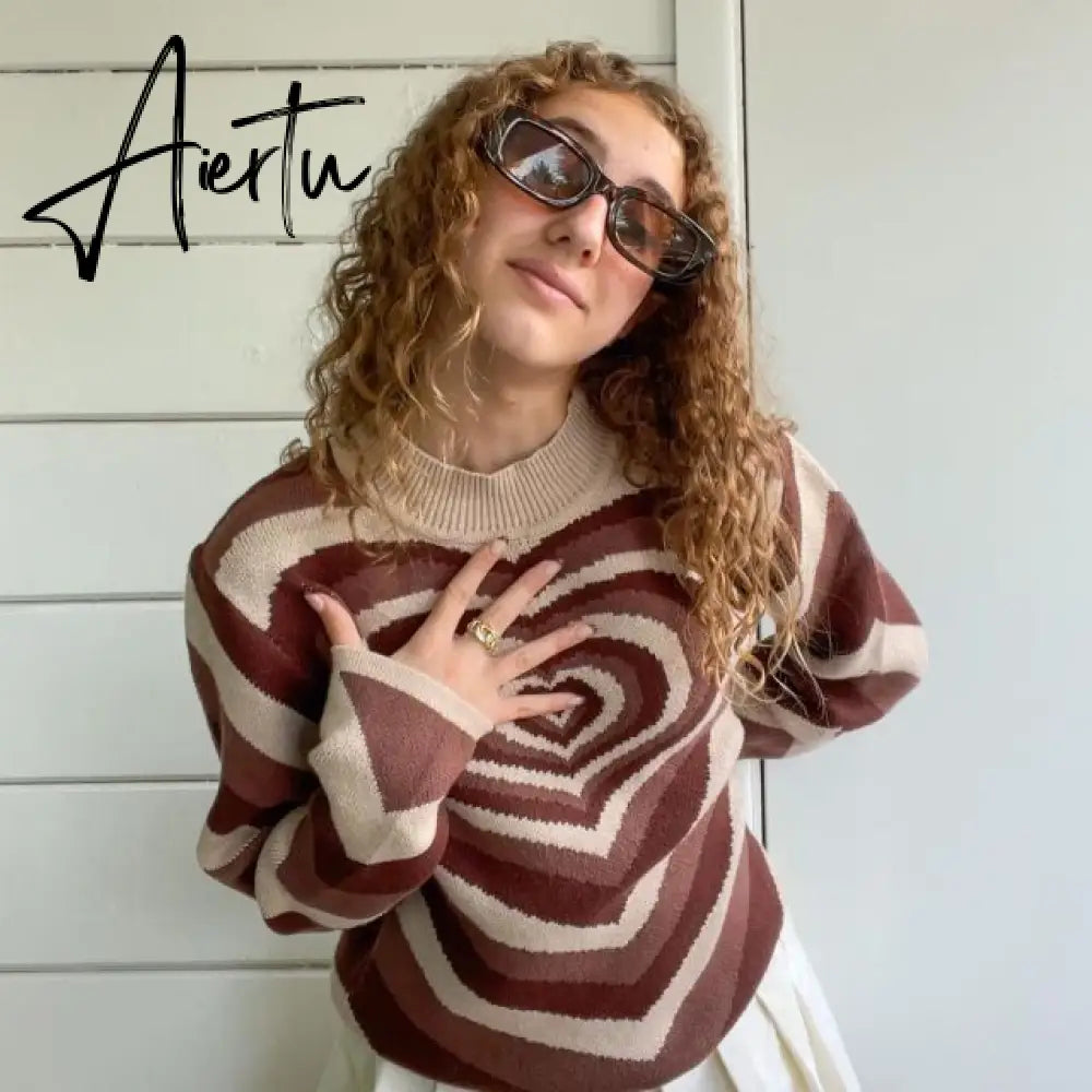 Y2K Knitted Sweater Aesthetics Heart Striped Pullovers Sweater Girls Sweet Long Sleeve Turtleneck Jumper Autumn Streetwear Aiertu