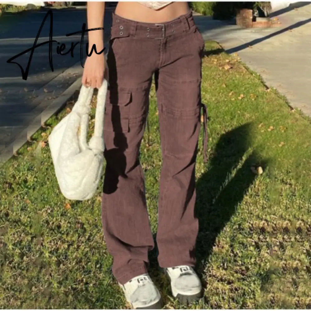 Y2K Low Rise Staright Cargo Jeans Wrap Belt Retro Denim Pants Ruched Drawstring Women Denim Trousers Street Indie Aesthetic Jean Aiertu