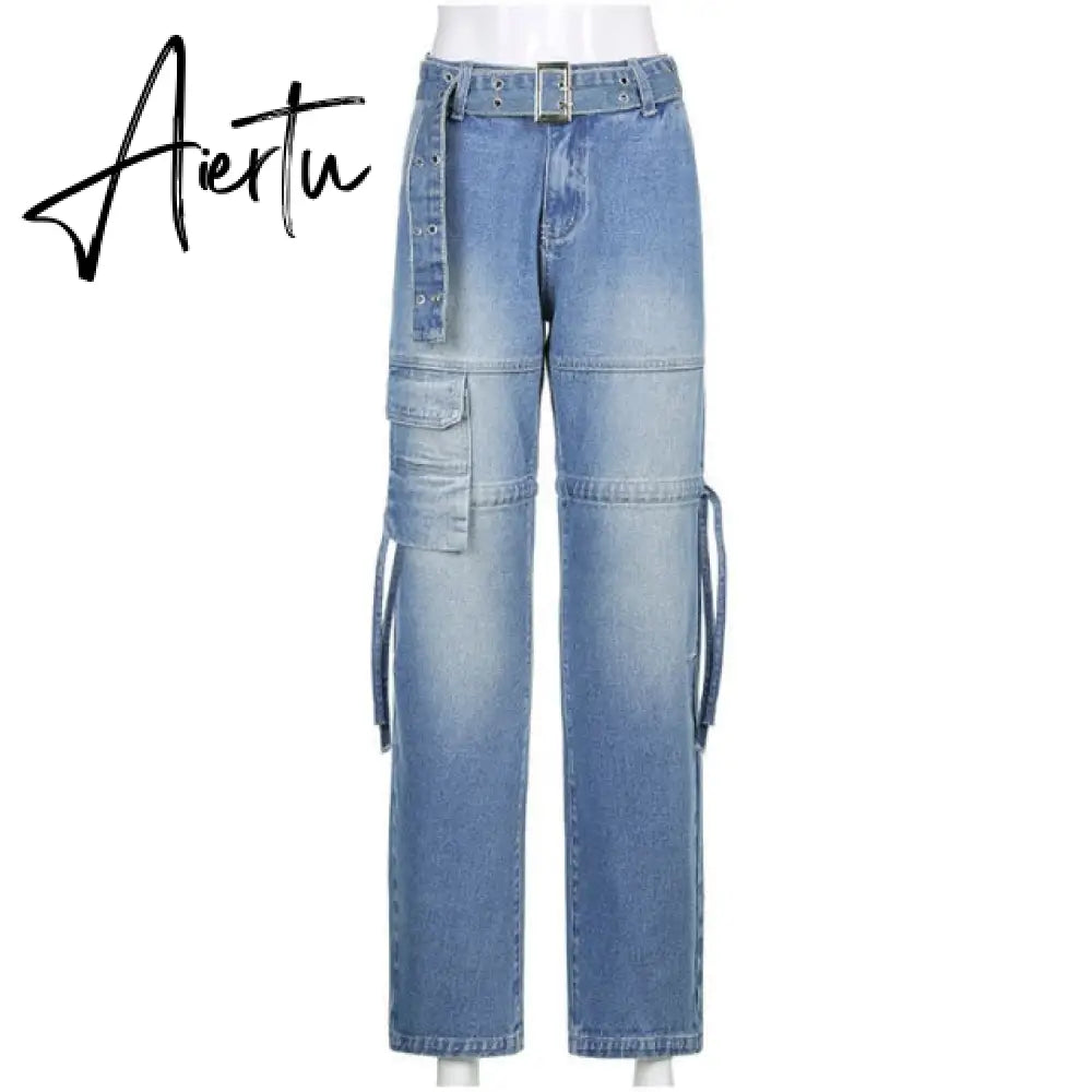 Y2K Low Rise Staright Cargo Jeans Wrap Belt Retro Denim Pants Ruched Drawstring Women Denim Trousers Street Indie Aesthetic Jean Aiertu