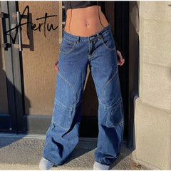 Y2K Low Rise Staright Cargo Jeans Wrap Belt Retro Denim Pants Ruched Drawstring Women Denim Trousers Street Indie Aesthetic Jean Aiertu