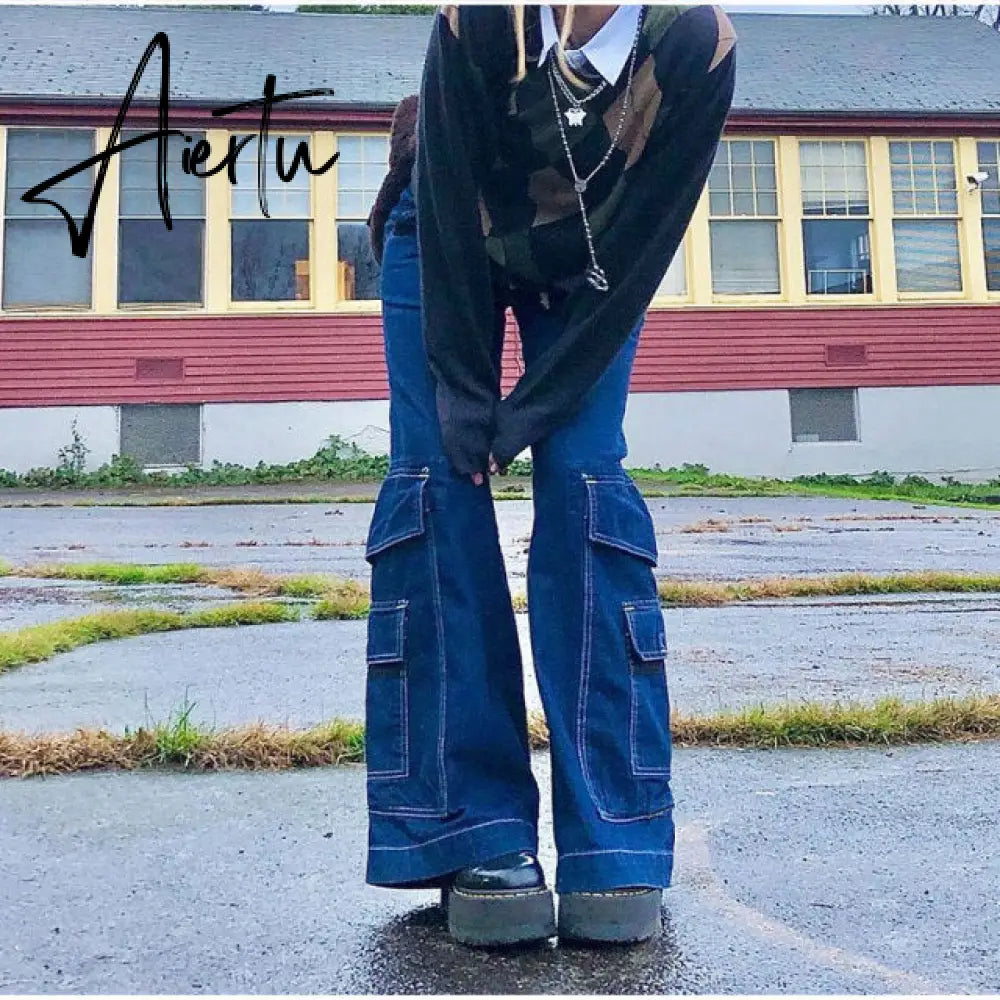 Y2K Low Rise Staright Cargo Jeans Wrap Belt Retro Denim Pants Ruched Drawstring Women Denim Trousers Street Indie Aesthetic Jean Aiertu