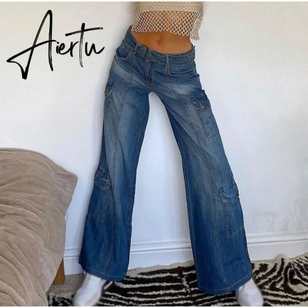 Y2K Low Rise Staright Cargo Jeans Wrap Belt Retro Denim Pants Ruched Drawstring Women Denim Trousers Street Indie Aesthetic Jean Aiertu