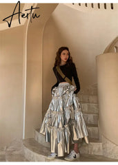 Y2k Sliver Pleated Skirts Women Korean Fashion High Waist A-Line Skirt French Elegant Ruffles Patckwork female Faldas Aesthetic Aiertu