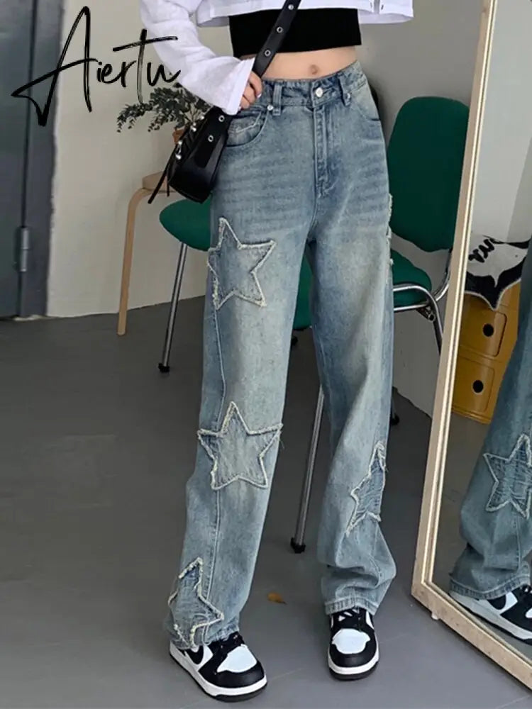 Y2k Star Patchwork Jeans Women Streetwear Low Rise Straight Leg Denim Cargo Pants Baggy Harajuku Vintage Casual Jean 90s Aiertu