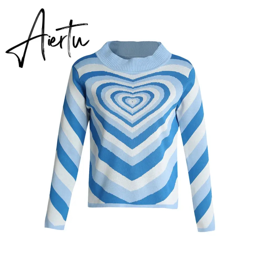 Y2K Sweater Turtleneck Aesthetics Heart Printed Casual Colorful Soft Knitted Turtleneck Pullovers Long Sleeve Knitwear Crop Tops Aiertu