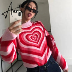 Y2K Sweater Turtleneck Aesthetics Heart Printed Casual Colorful Soft Knitted Turtleneck Pullovers Long Sleeve Knitwear Crop Tops Aiertu