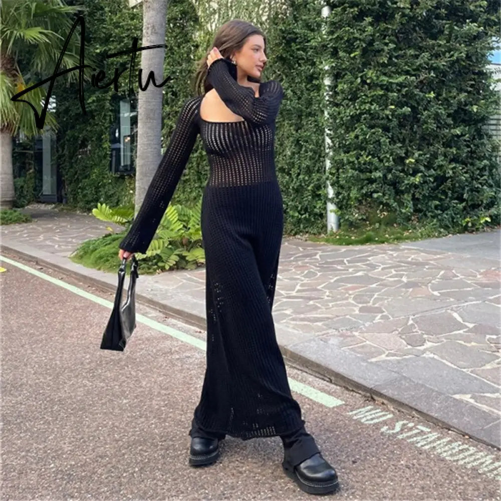 Y2K Vintage Black Knitted Long Dress Chic Women Summer Beach Holiday Hollow Out Cover-Ups Retro Crochet Maxi Smock Dresses Aiertu