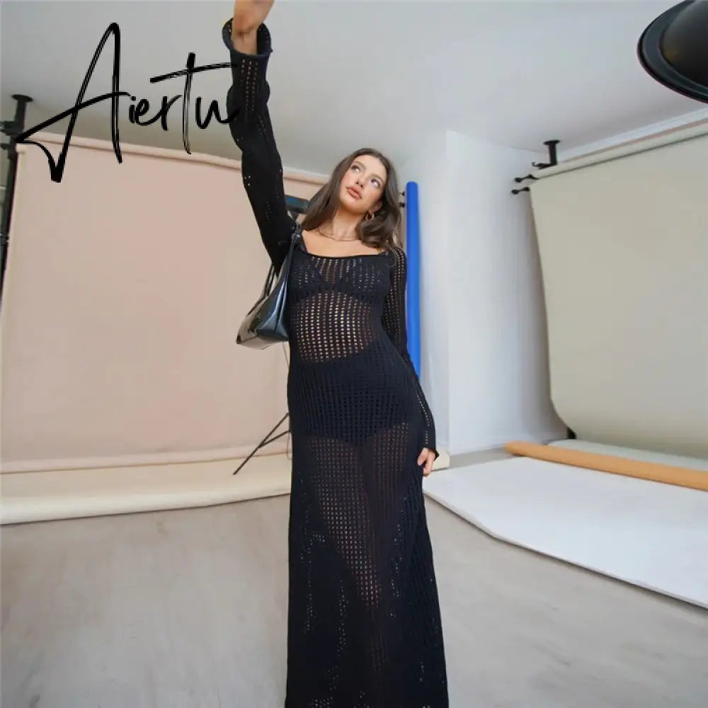 Y2K Vintage Black Knitted Long Dress Chic Women Summer Beach Holiday Hollow Out Cover-Ups Retro Crochet Maxi Smock Dresses Aiertu